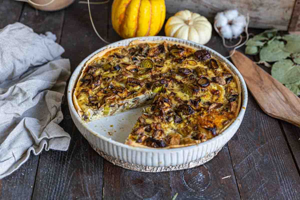 Quiche aux poireaux, champignons et châtaignes