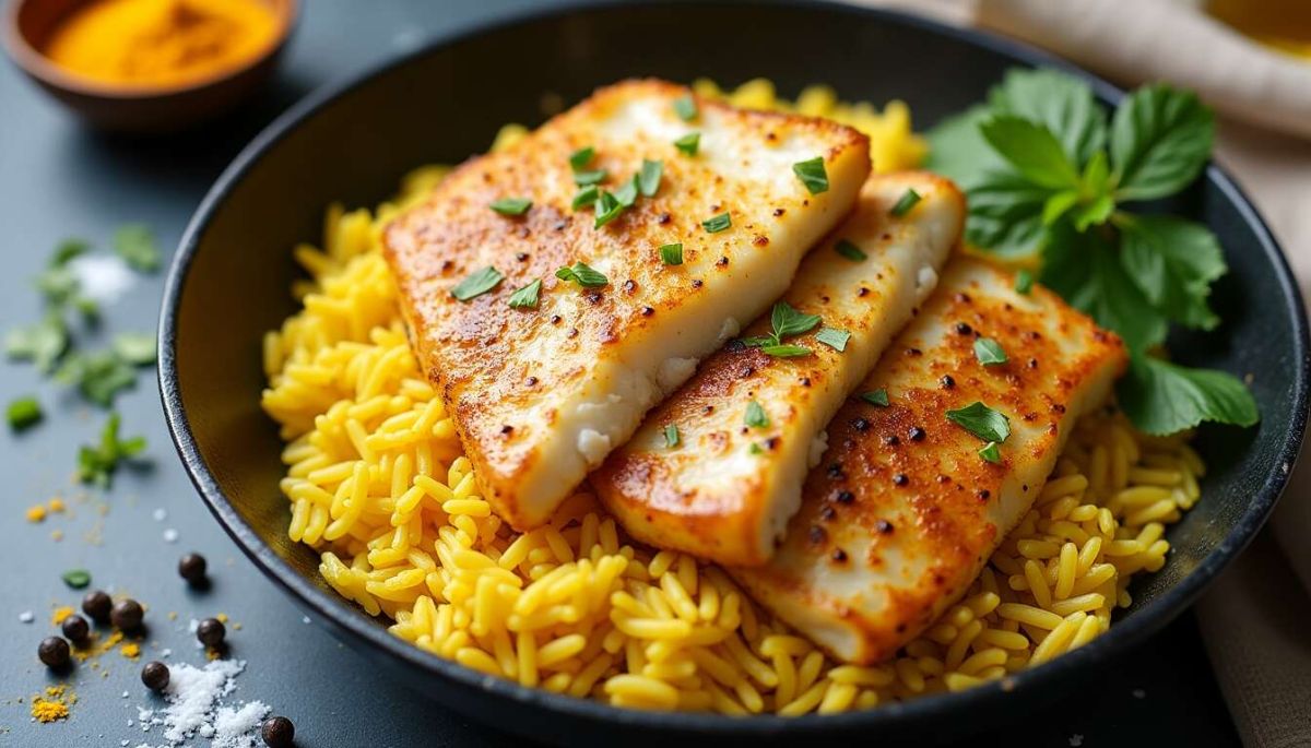 Filets d’églefin poêlés : recette simple et riz au curcuma