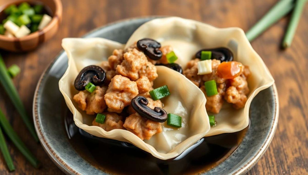 wontons au porc, champignons noirs et ciboule : recette savoureuse