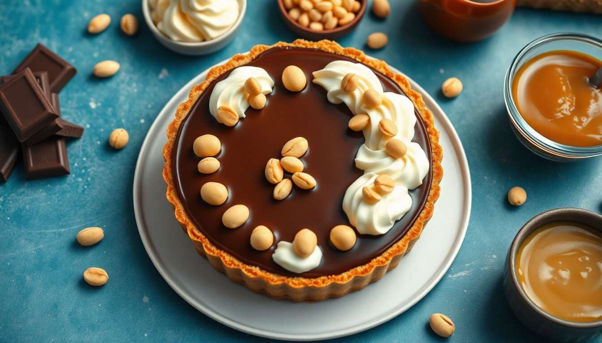 Une délicieuse tarte chocolat, cacahuètes et caramel à savourer chez soi